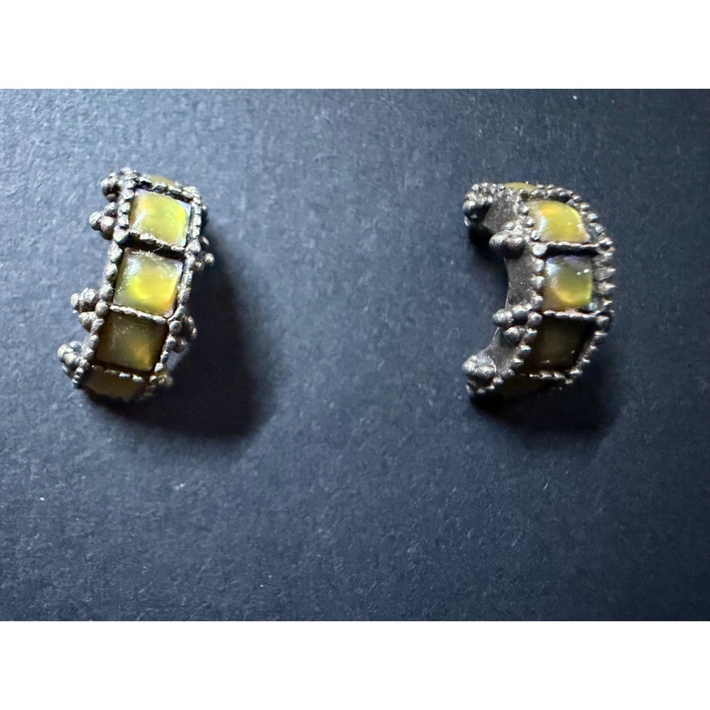Vintage Style Earring Set Gold Filigree Crystal Studs & Iridescent Huggie Hoops - Picture 5 of 6